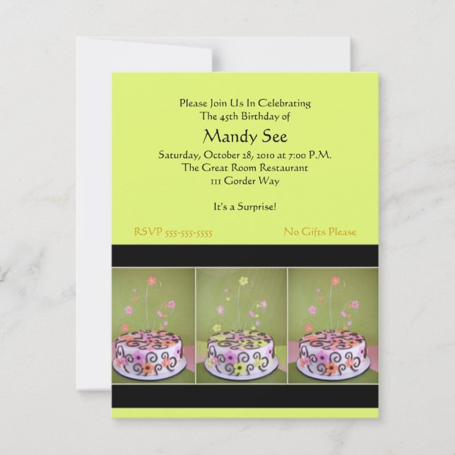 Invitation à la fête du gâteau d'anniversaire vert (Devant)