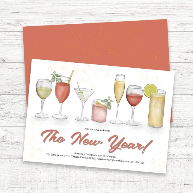 Invitation à la fête du Nouvel An à l'aquarelle (New Year's Eve Watercolor Cocktail Drinks Custom Invitaitons.)