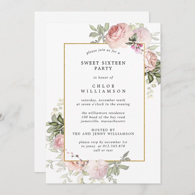 Invitation à la fête du Sweet sixteen rose pâle (Devant / Derrière)