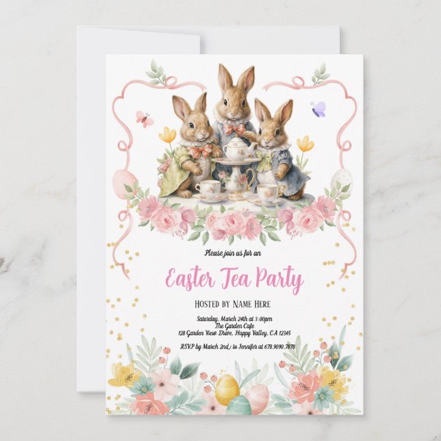 Invitation à la fête du thé de Pâques. Joli lapin  (Devant)