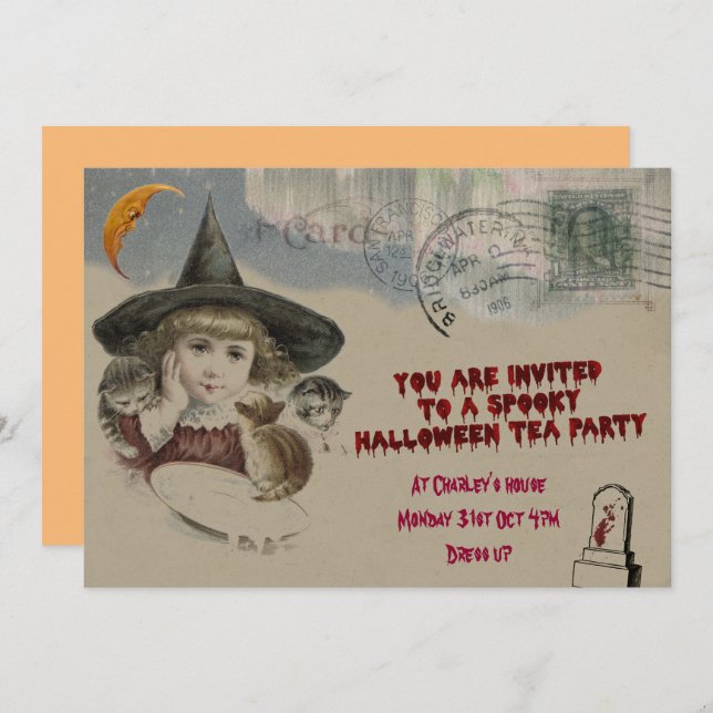 Invitation à la fête du thé d'Halloween (Devant / Derrière)