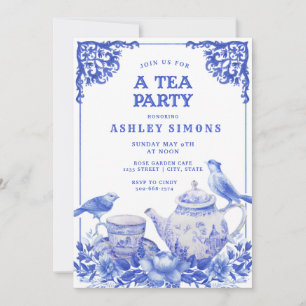 Invitation à la fête du thé floral bleu et blanc