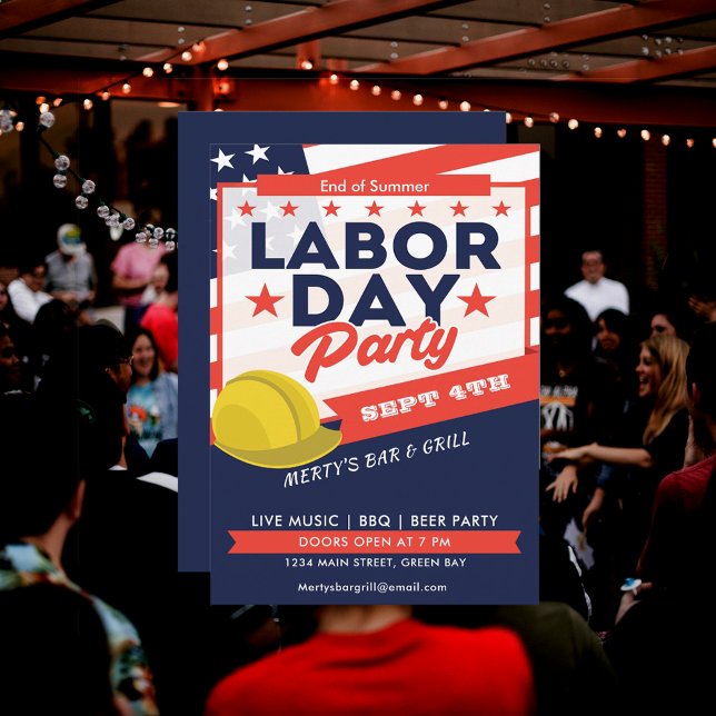 Invitation à la fête du Travail avec casque dur et (Labor Day USA Flag Hard Hat Party Event Invitation)