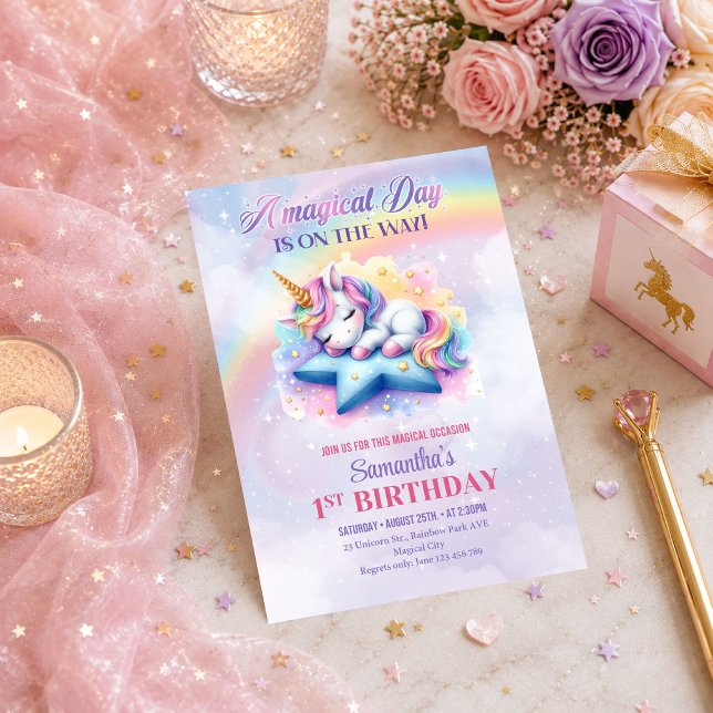 Invitation à la fête d'une journée magique Licorne (Cute Pink Purple Unicorn Magical Day Party Invitation

)