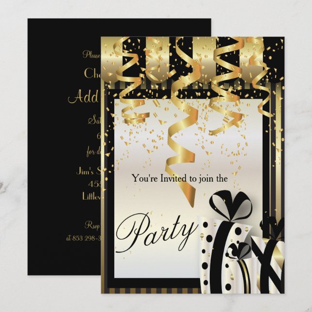 Invitation à la fête en or et noir (Devant / Derrière)