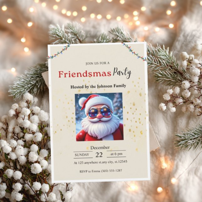 Invitation à la fête Friendsmas • Noël drôle  (Friendsmas party invitation card with Santa design on cozy winter background and soft lights.)