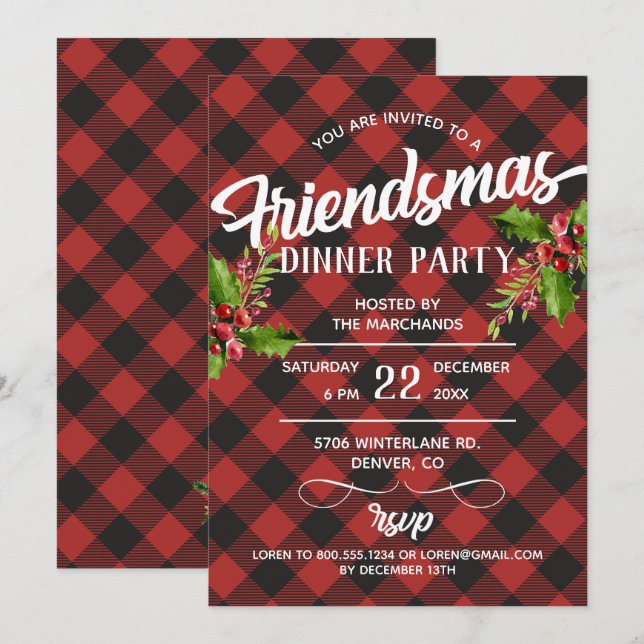 Invitation à la fête Friendsmas Plaid Buffalo Roug (Devant / Derrière)