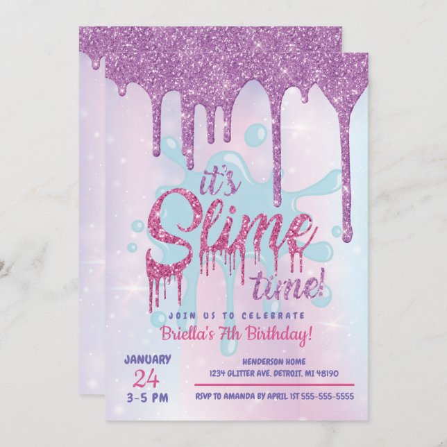 Invitation à la fête Glitter Slime (Devant / Derrière)