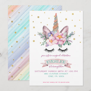Invitation à la fête Licorne Gâteau Licorne