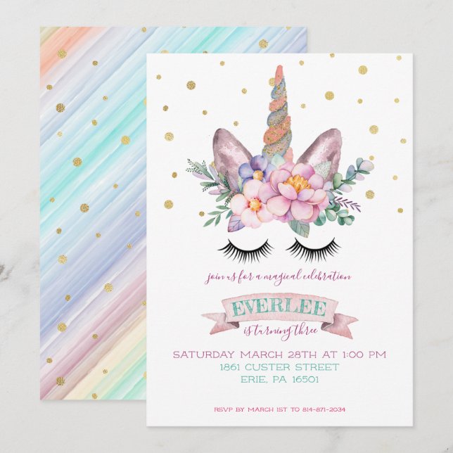 Invitation à la fête Licorne | Gâteau Licorne (Devant / Derrière)