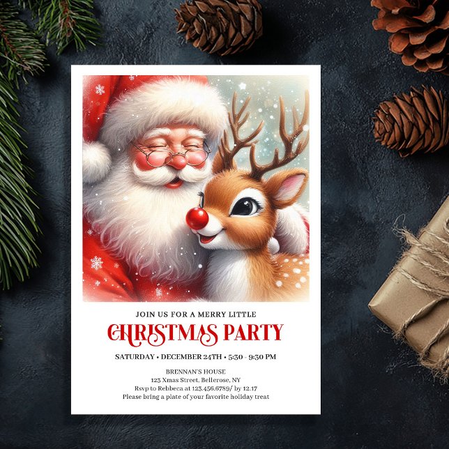 Invitation à la fête magique de Noël de Père Noël  (Santa and Rudolph Magical Christmas Party Invite)