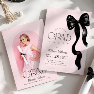 Invitation à la fête noire Bow Pink Grad Party