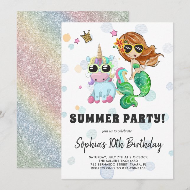 Invitation à la fête piscine Licorne & Sirène (Devant / Derrière)