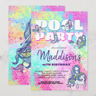 Invitation à la fête piscine Licorne & Sirène
