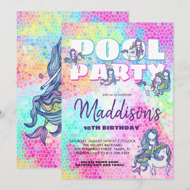 Invitation à la fête piscine Licorne & Sirène (Devant / Derrière)