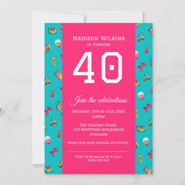 Invitation à la fête plate - Hot rose 90's rétro f (Devant)