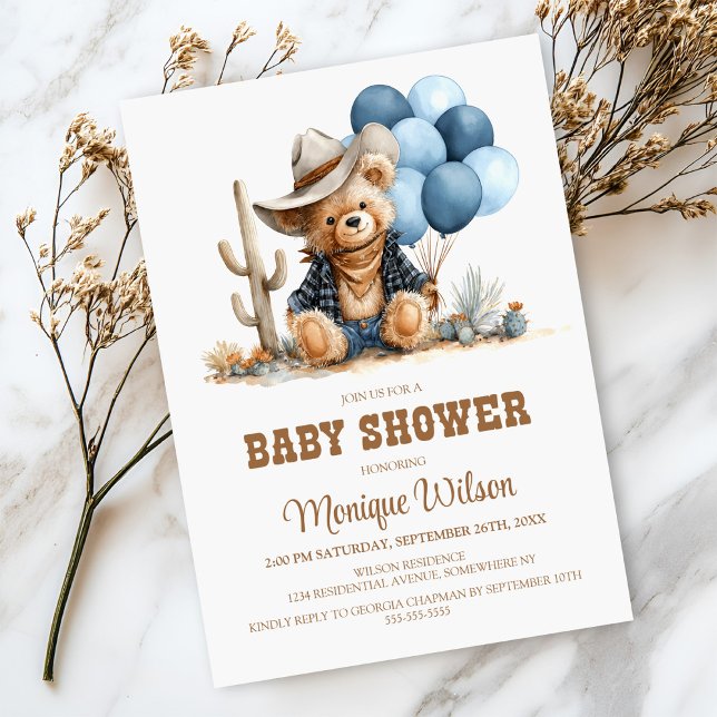 Invitation à la fête prénatale Cowboy Teddy Bear (Créateur téléchargé)
