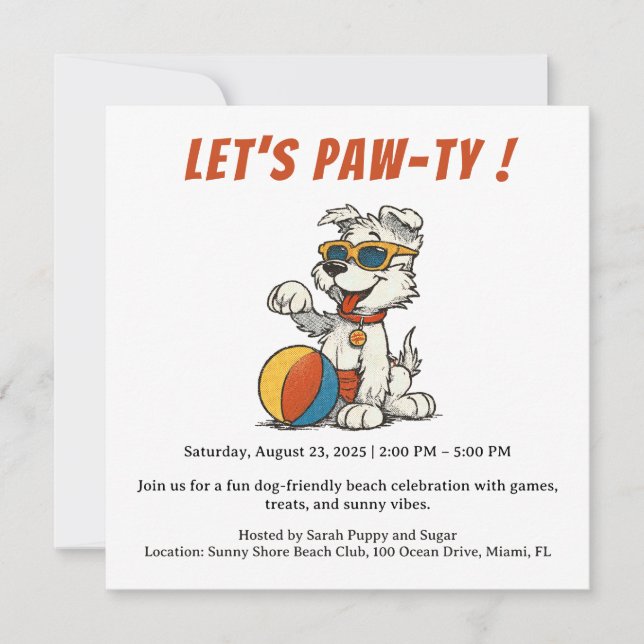 Invitation à la fête rétro de plage pour chiens –  (Devant)