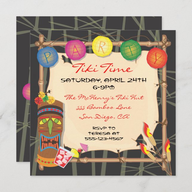 Invitation à la fête Retro Tiki avec cadre en bamb (Devant / Derrière)