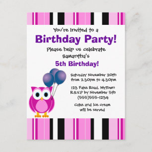 Invitation à la fête rose violet de la Chouette