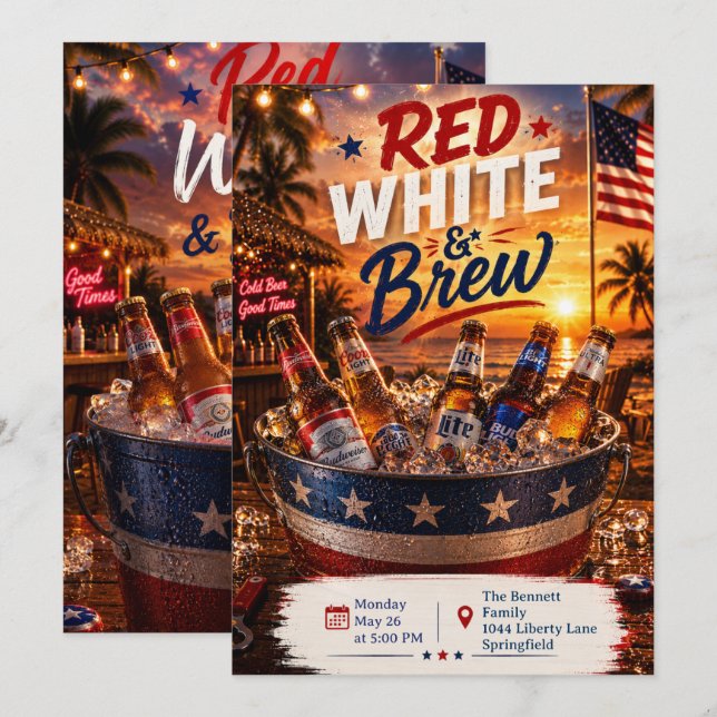 Invitation à la fête Rouge Blanc et Bière (Devant / Derrière)