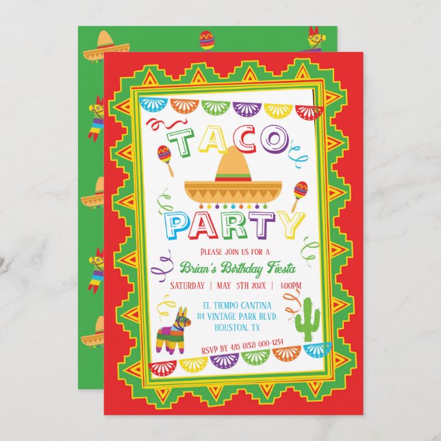 Invitation à la fête TACO PARTY Fiesta (Devant / Derrière)