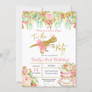 Invitation à la fête Tea-Rex pour fille rose Dinos