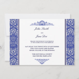 Invitation à la frontière Damask en bleu royal
