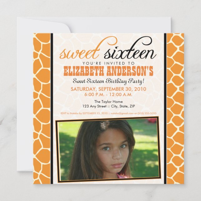 Invitation à la Girafe Sweet 16 Party (orange) (Devant)
