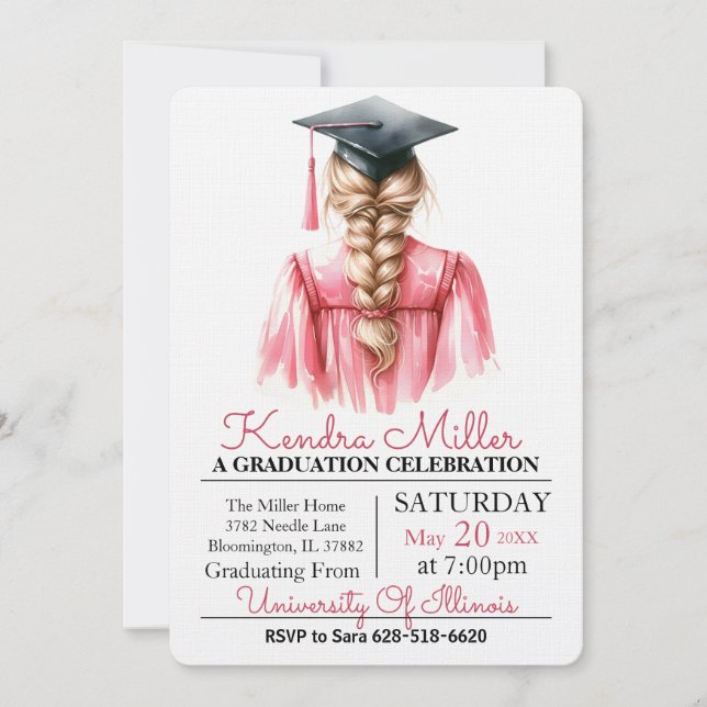 Invitation à la graduation en aquarelle rose (Devant)