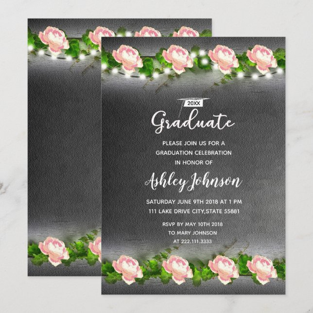 Invitation à la graduation florale de Chalkboard W (Devant / Derrière)