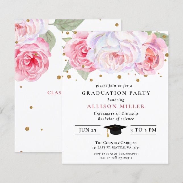 Invitation à la graduation Florale Pink Or Budget (Devant / Derrière)