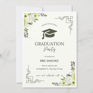 Invitation à la graduation florale verte et crème 