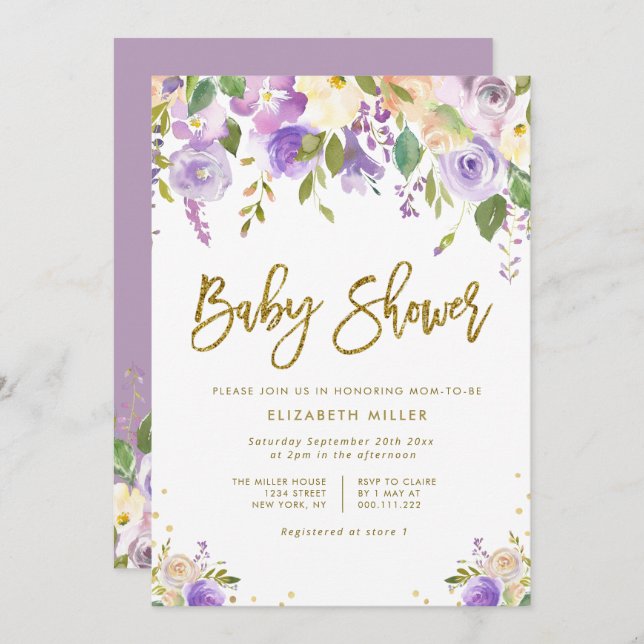 invitation à la lavande et à la pêche aux baby sho (Devant / Derrière)