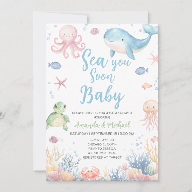 Invitation À la mer bientôt bébé Sous la mer Fête prénatale b (Devant)