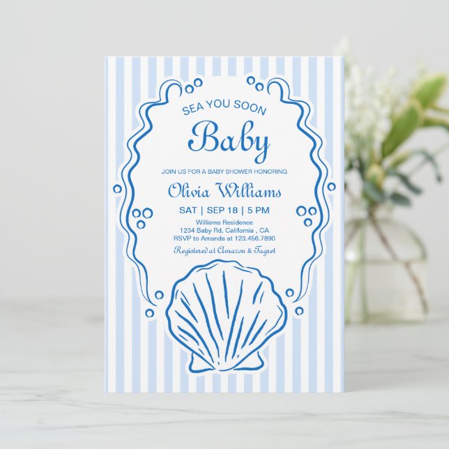 Invitation À la mer bientôt, Fête de bébé garçon coquillage d (Debout devant)