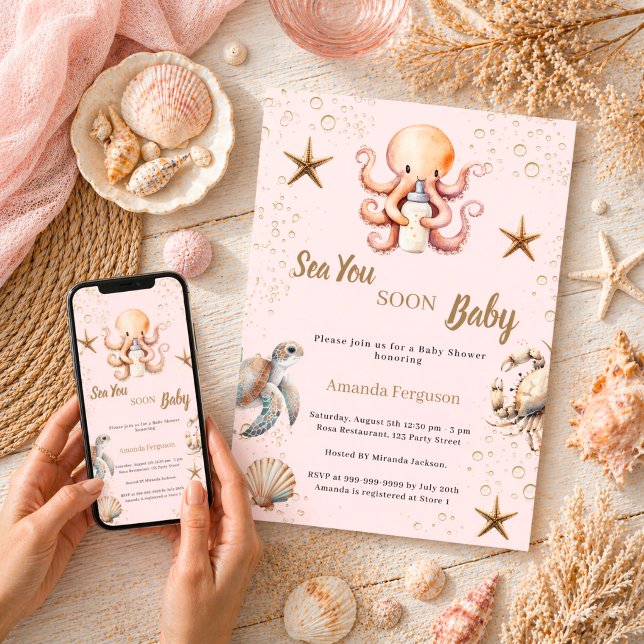 Invitation À la mer bientôt fille rose Baby Shower (Créateur téléchargé)