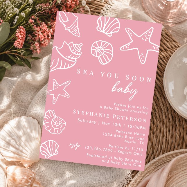 Invitation À la mer bientôt Fille rose plage côtière Shower d (Créateur téléchargé)