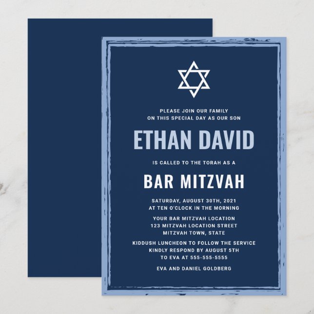 Invitation à la mitzvah de bar bleu foncé avec fro (Devant / Derrière)