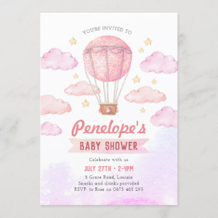 Invitation à la montgolfière rose, baby shower fil