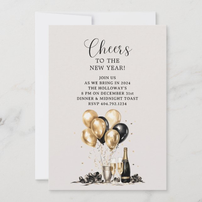 Invitation À la nouvelle année Fête Or et Noir (Devant)