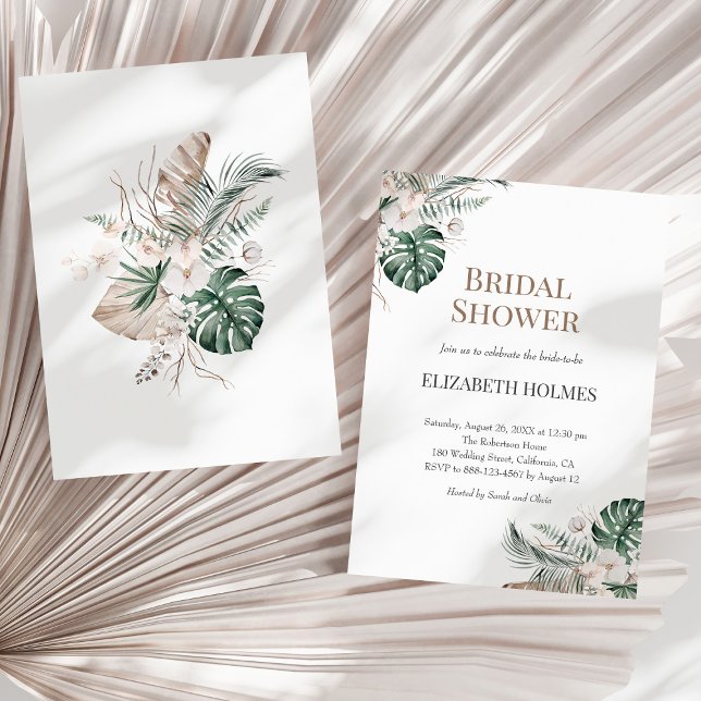 Invitation à la nuptiale de Monstera, orchidée tro (Tropical Orchid Monstera Bridal Shower Invitation on a sunny neutral dry palm leaf.)