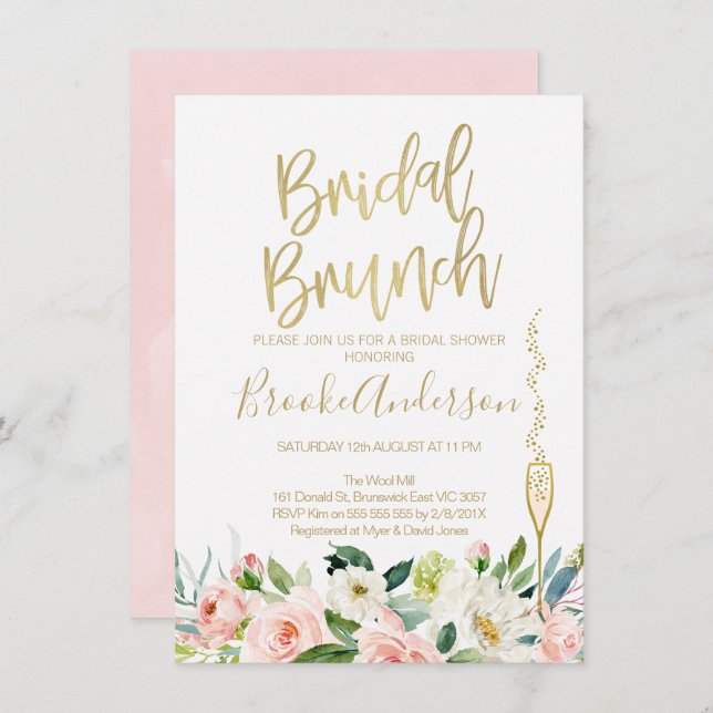 Invitation à la nuptiale d'un brunch rose floral (Devant / Derrière)