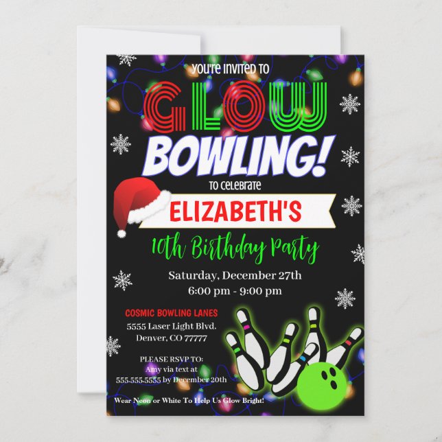 Invitation à la partie de Noël Glow Bowling (Devant)