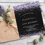 Invitation à la parties scintillant noire violet<br><div class="desc">Une invitation à la fête d'anniversaire de 21e anniversaire, féminine et féminine (ou tout âge). Devant : Un arrière - plan noir chic. Décoré de poussière de parties scintillant violette et violette. Personnalisez et ajoutez un nom et des détails du parti. Le nom est écrit avec un script de style...</div>