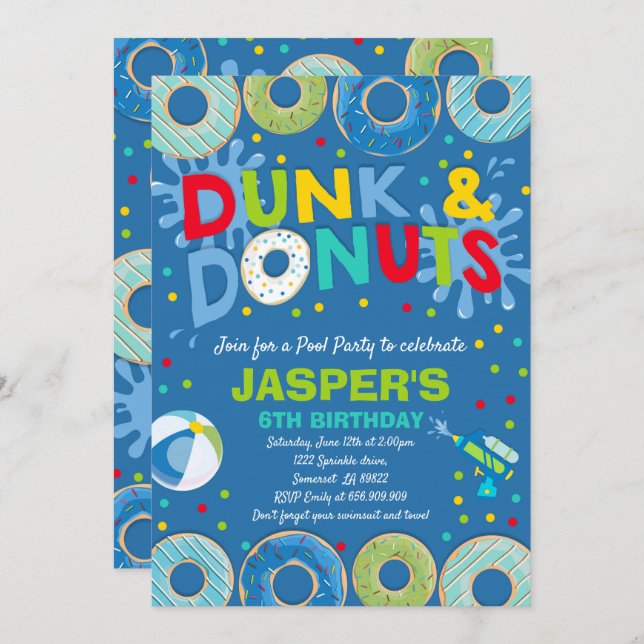 Invitation À La Piscine Dunk Et Donuts Pool Party (Devant / Derrière)
