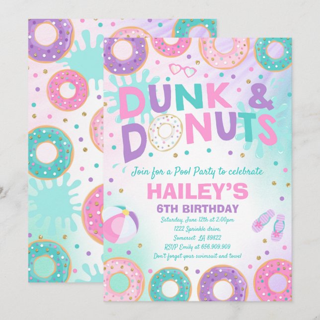 Invitation À La Piscine Dunk Et Donuts Pool Party (Devant / Derrière)