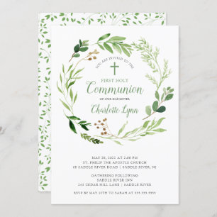 Invitation à la première communion à feuilles vert