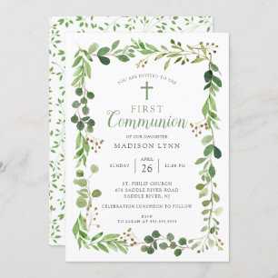 Invitation à la première communion à feuilles vert