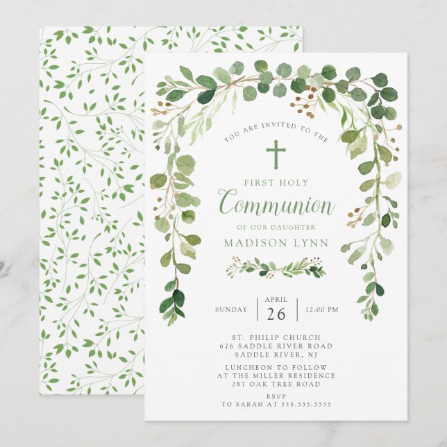 Invitation à la première communion à feuilles vert (Devant / Derrière)